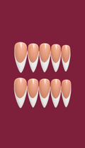 Ten almond-shaped press-on nails arranged in two rows of five on a plain white background. Each nail features a glossy peach nude top half and a white pointed tip in a classic French manicure style.