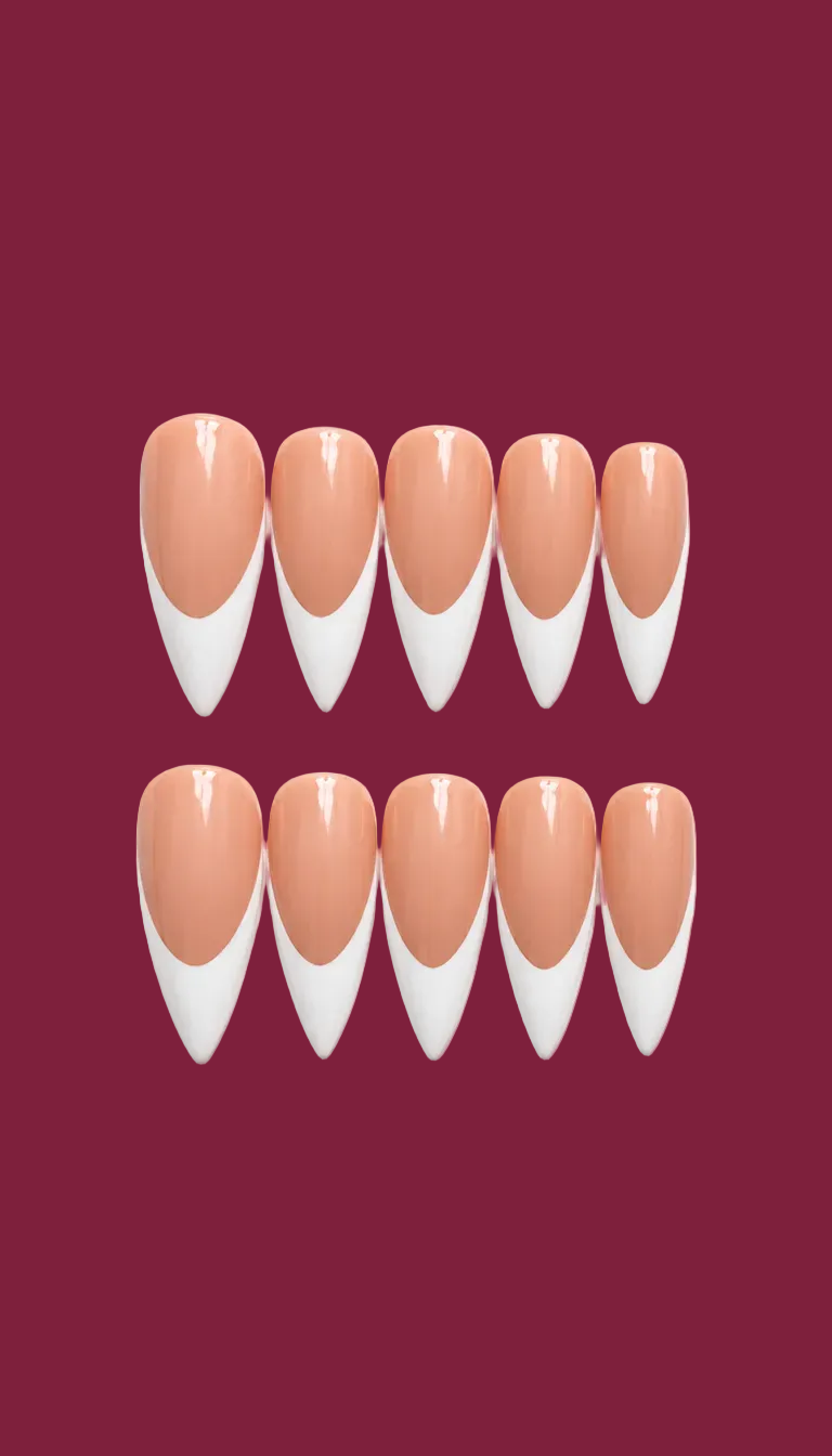 Ten almond-shaped press-on nails arranged in two rows of five on a plain white background. Each nail features a glossy peach nude top half and a white pointed tip in a classic French manicure style.